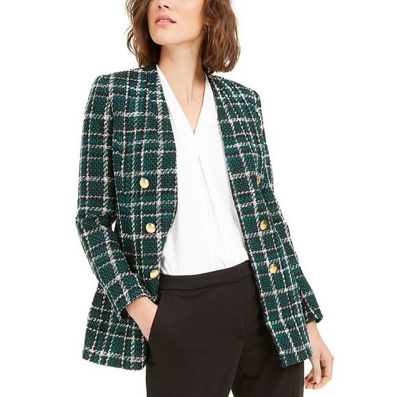 Bar III Jackets & Blazers - Bar III Women's Plaid Open-Front Jacket Bottle Green Multi Size 6
